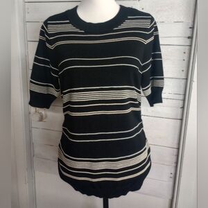 Casa Cabana Women’s Sweater Medium Black Striped Short Sleeve Knit Top Coastal